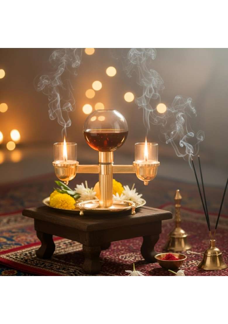 The Divine Tales Two Sided Pure Brass Akhand Diya for Puja with Borosilicate Glass Cover for Pooja Pack of 2 - Indya