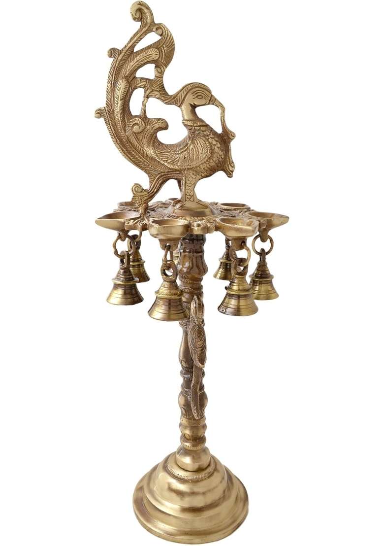 Two Moustaches Brass Peacock Deepak Stand with Bells Brass Peacock Diya 7 X 7 X 18 Inches Brass Diya for Puja - Indya