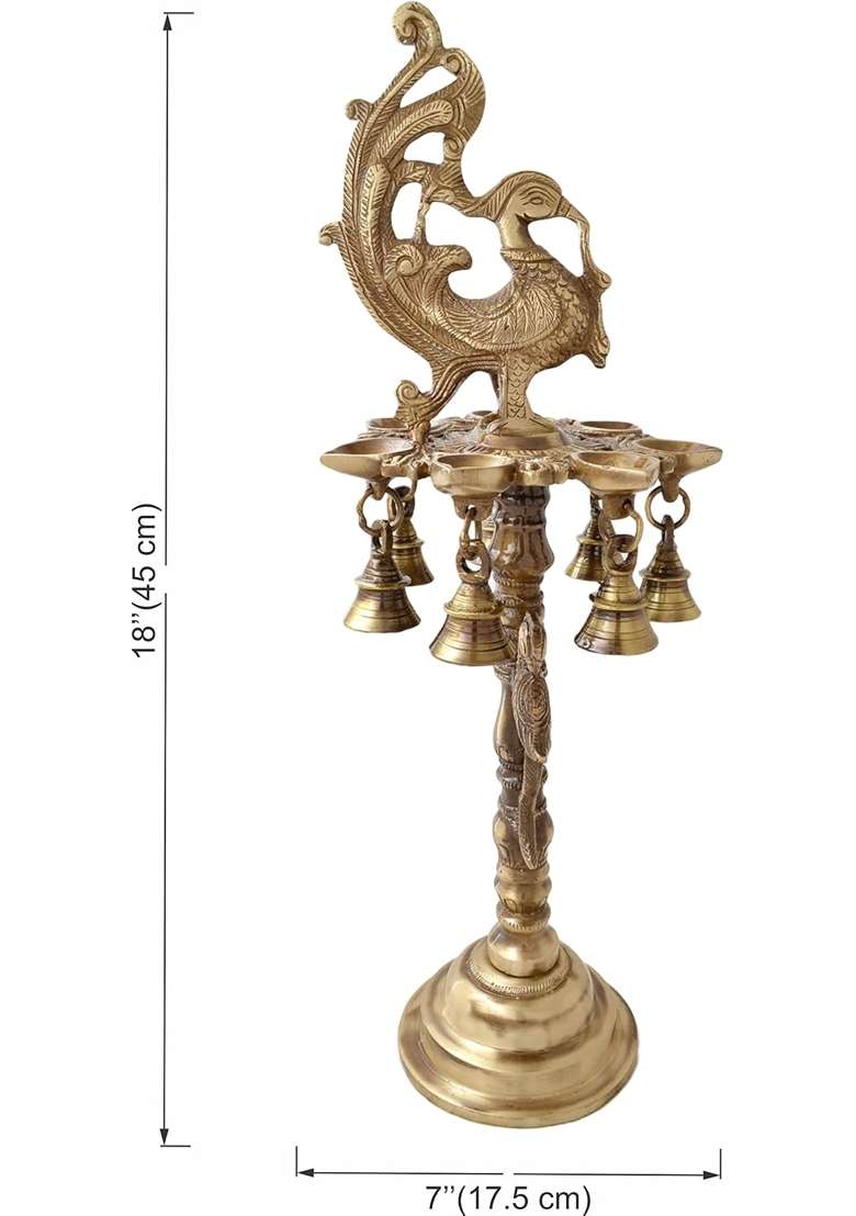 Two Moustaches Brass Peacock Deepak Stand with Bells Brass Peacock Diya 7 X 7 X 18 Inches Brass Diya for Puja - Indya