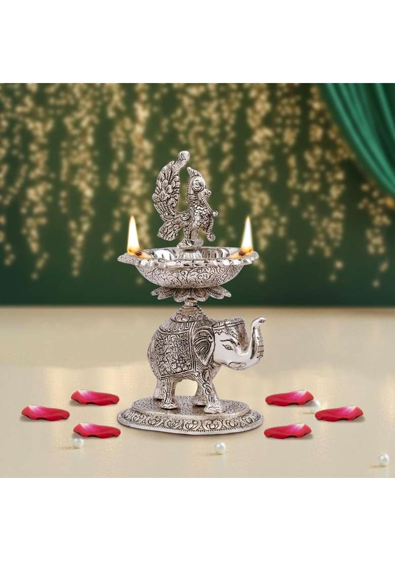 Brass Collection Silver Peacock Samai Diya Stand with Elephant Silver Plate for Decoration and Gifts 24 16 94 - Indya