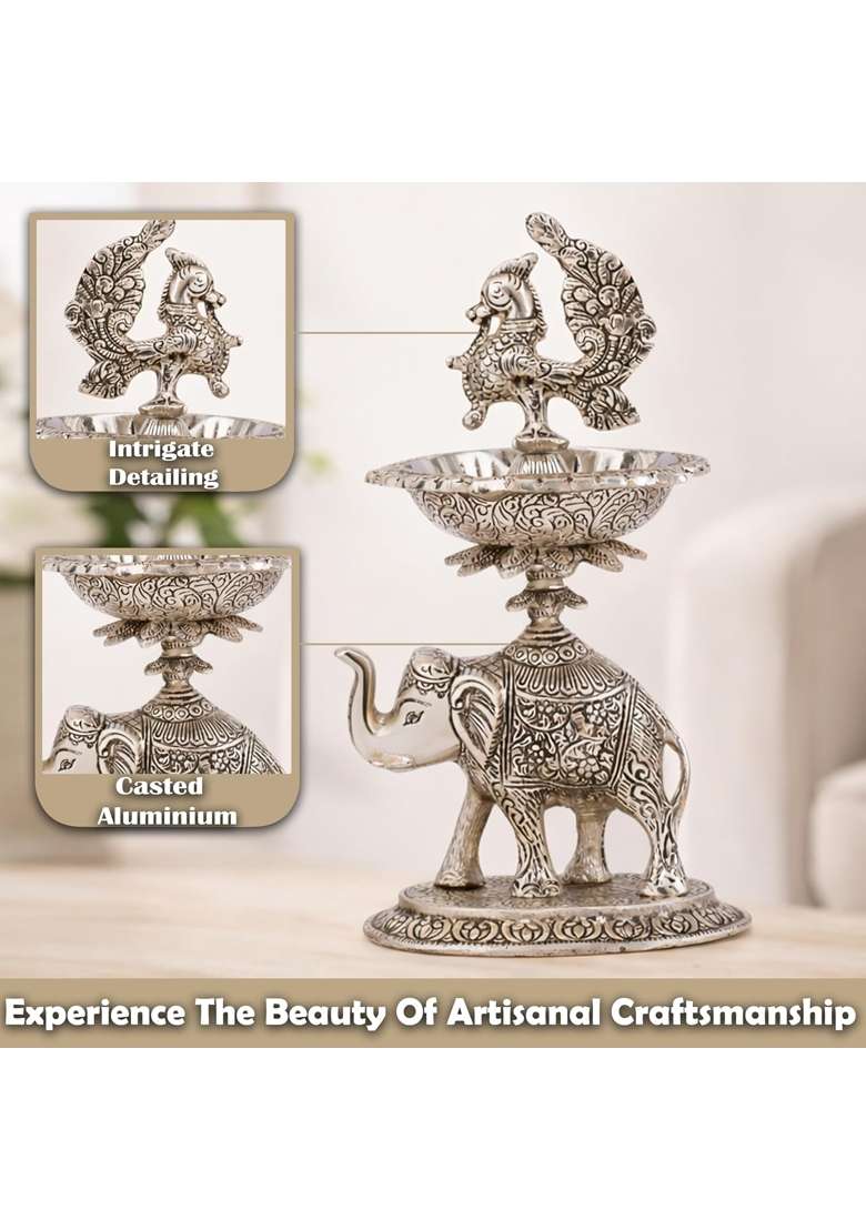 Brass Collection Silver Peacock Samai Diya Stand with Elephant Silver Plate for Decoration and Gifts 24 16 94 - Indya
