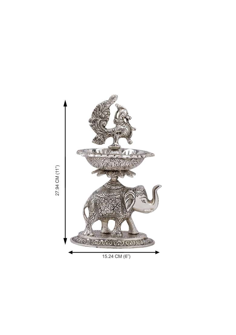 Brass Collection Silver Peacock Samai Diya Stand with Elephant Silver Plate for Decoration and Gifts 24 16 94 - Indya