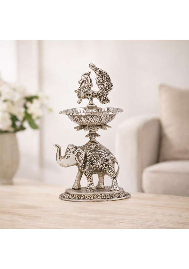 Brass Collection Silver Peacock Samai Diya Stand with Elephant Silver Plate for Decoration and Gifts 24 16 94 - Indya