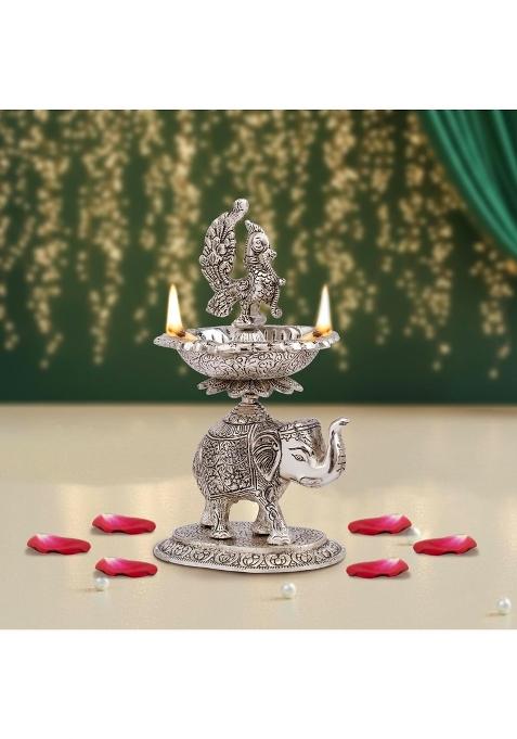 Brass Collection Silver Peacock Samai Diya Stand with Elephant Silver Plate for Decoration and Gifts 24 16 94