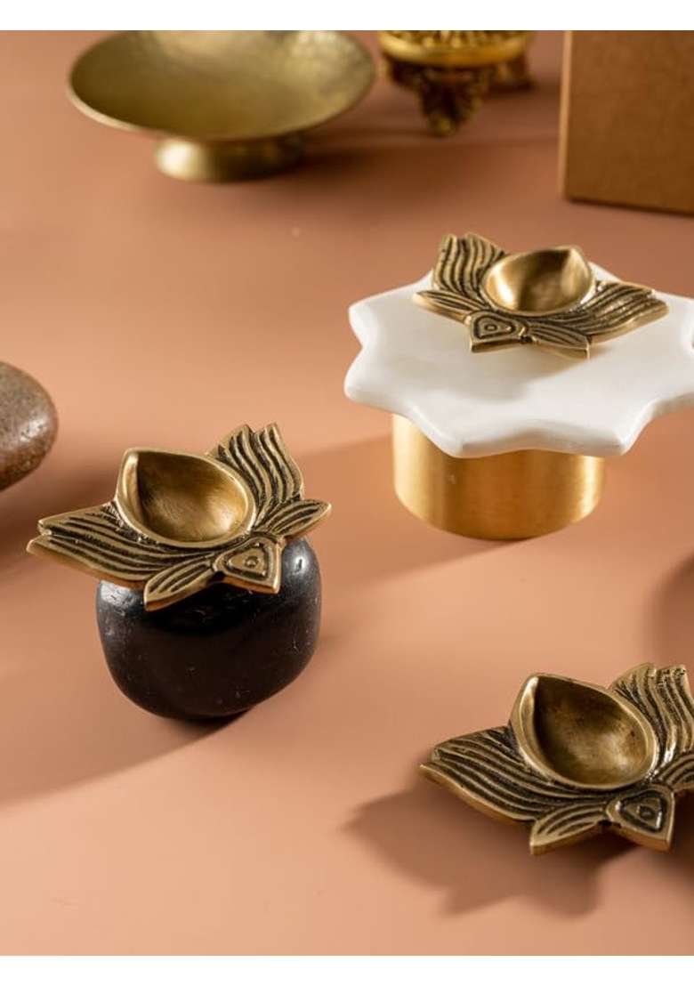 Araana Home Lotus Shaped Brass Diya Traditional Indian Kitchen Decor Non Toxic Durable Golden Finish Set of 4 - Indya