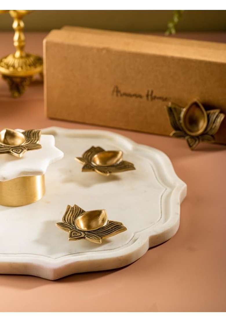 Araana Home Lotus Shaped Brass Diya Traditional Indian Kitchen Decor Non Toxic Durable Golden Finish Set of 4 - Indya