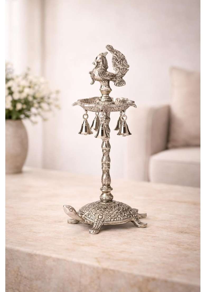 Brass Collection Peacock Samai with Tortoise Big Peacock Shape Panchmukhi Samai Diya - Indya