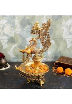 Jaszz Art Gold Brass Peacock Diya Oil Lamp 15 Point 7IN Tall 4 Point 8 KG Home Decor
