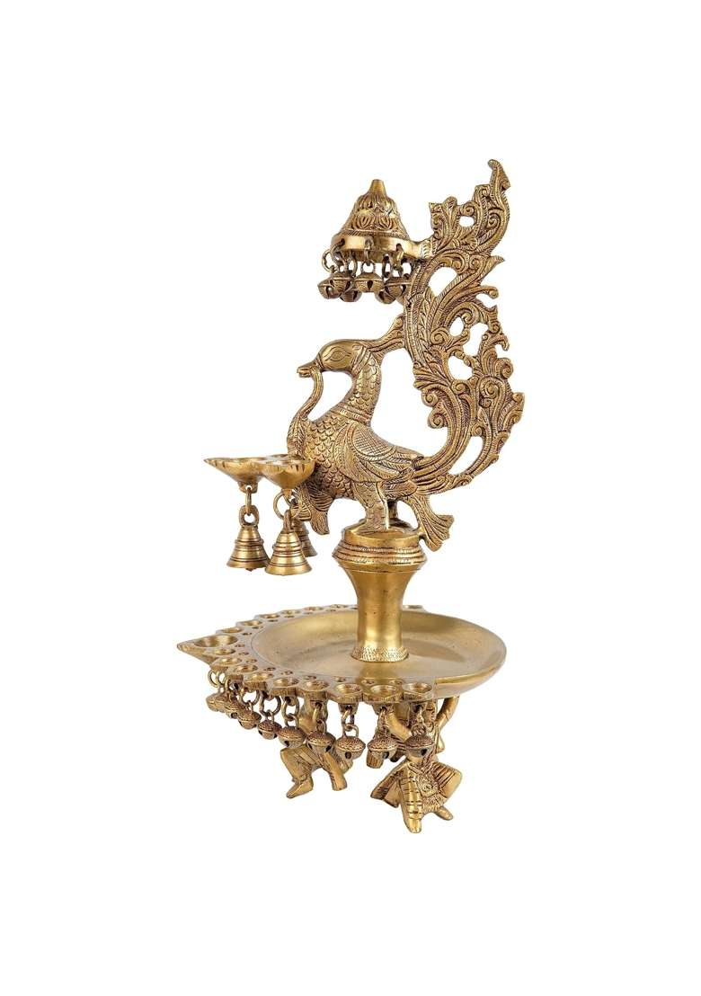Jaszz Art Gold Brass Peacock Diya Oil Lamp 15 Point 7IN Tall 4 Point 8 KG Home Decor - Indya