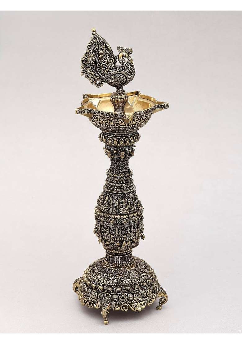 Superfine Peacock Brass Oil Wick Diya Pair with Intricate Carvings Set of 2 - Indya