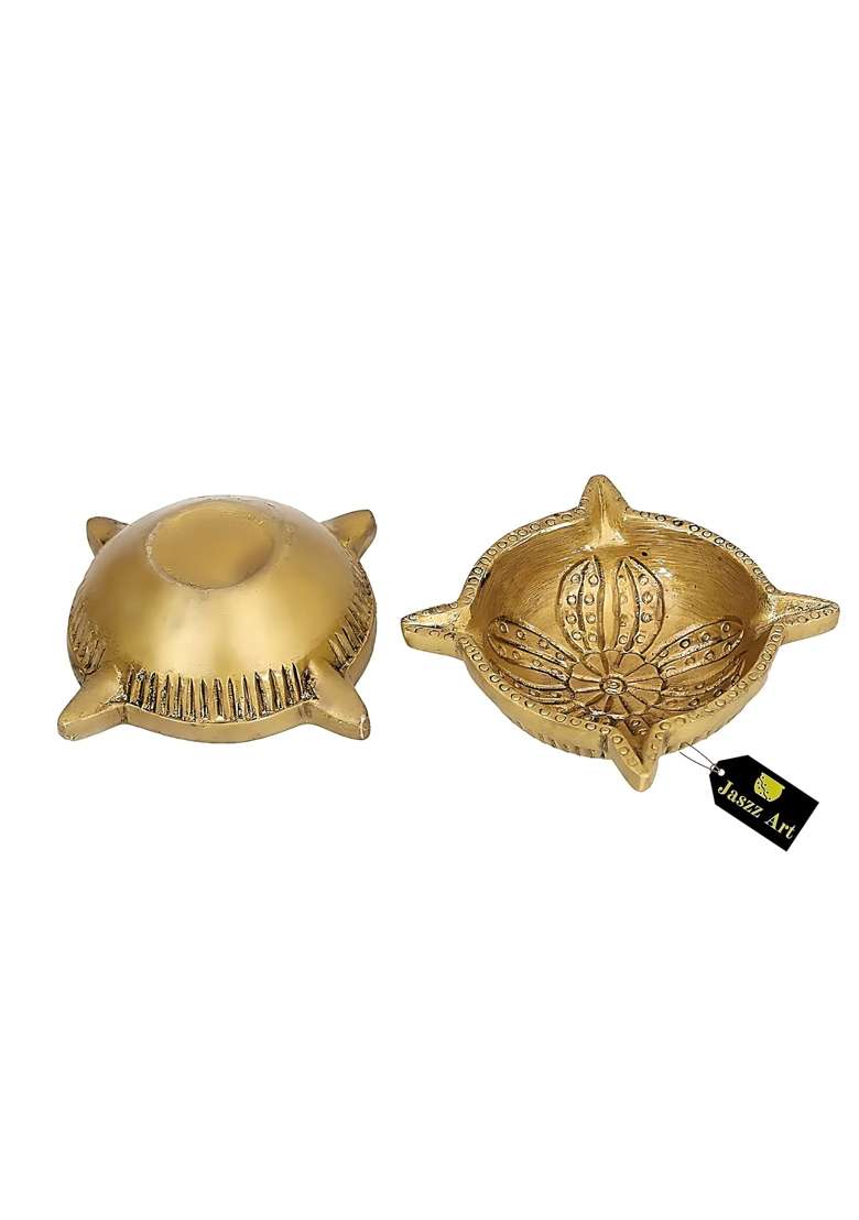Jaszz Art Brass Pooja Diya Oil Lamp 3 Point 9IN Long 500 G Pack of 2 - Indya