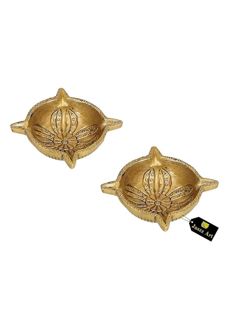Jaszz Art Brass Pooja Diya Oil Lamp 3 Point 9IN Long 500 G Pack of 2 - Indya