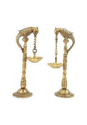 Jaszz Art Brass Twin Parrot Diya Oil Lamp 7 Point 9IN Tall 800 G Home Decor