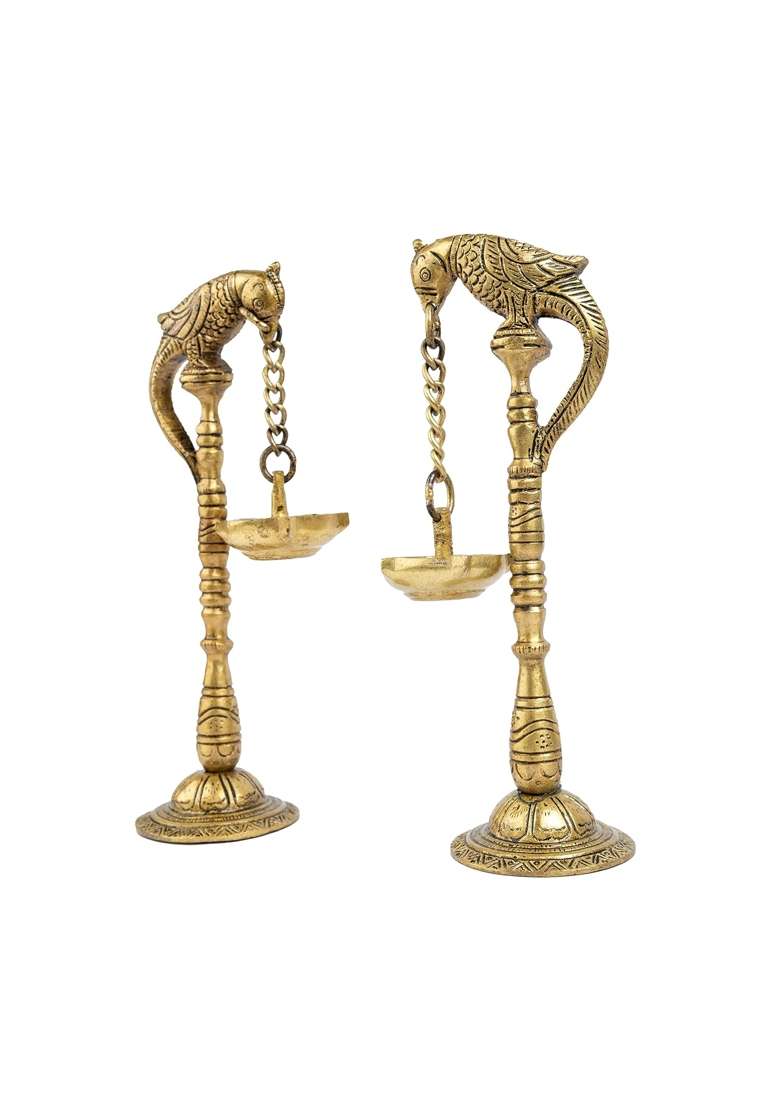Jaszz Art Brass Twin Parrot Diya Oil Lamp 7 Point 9IN Tall 800 G Home Decor - Indya