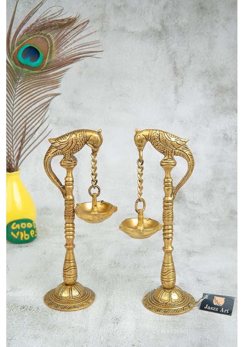 Jaszz Art Brass Twin Parrot Diya Oil Lamp 7 Point 9IN Tall 800 G Home Decor - Indya