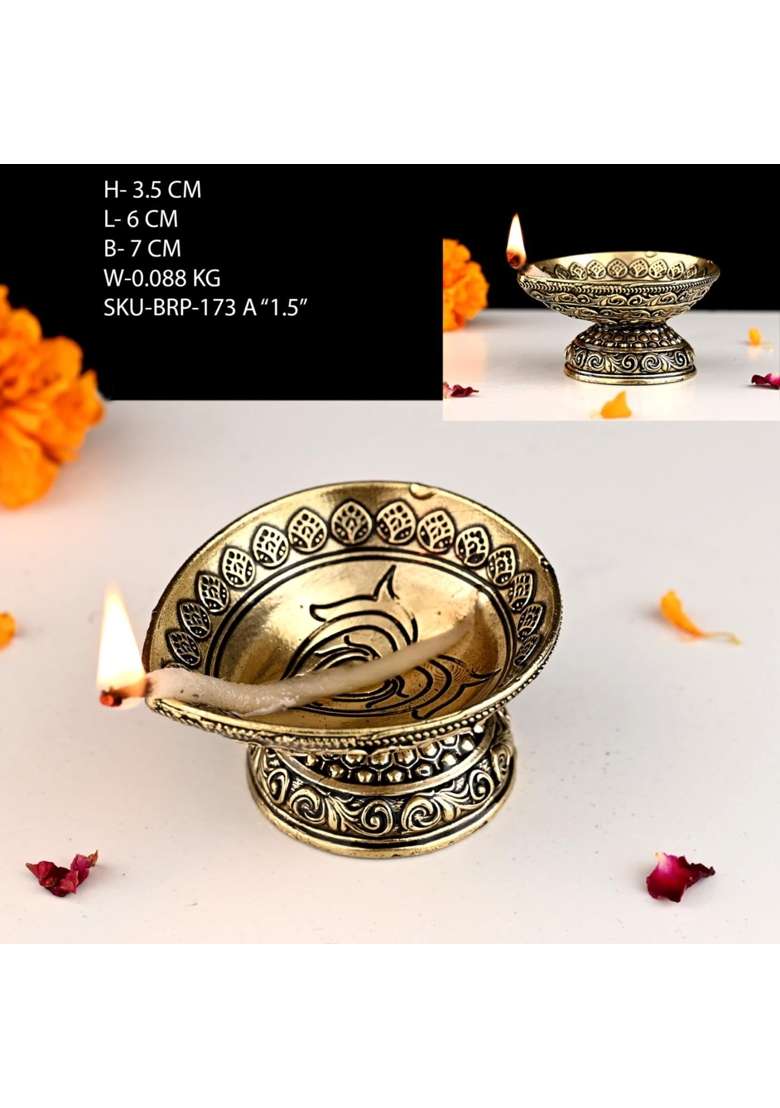 Indicast Religious Brass Diya for Puja 1 and Half Traditional Arti Deepak Deepam Oil Lamp for Worship - Indya