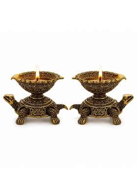 Blessora Craft Bronze Brass Tortoise Diya Set for Puja Pair of Two Turtle Oil Lamps for Diwali Pooja Pack of 2