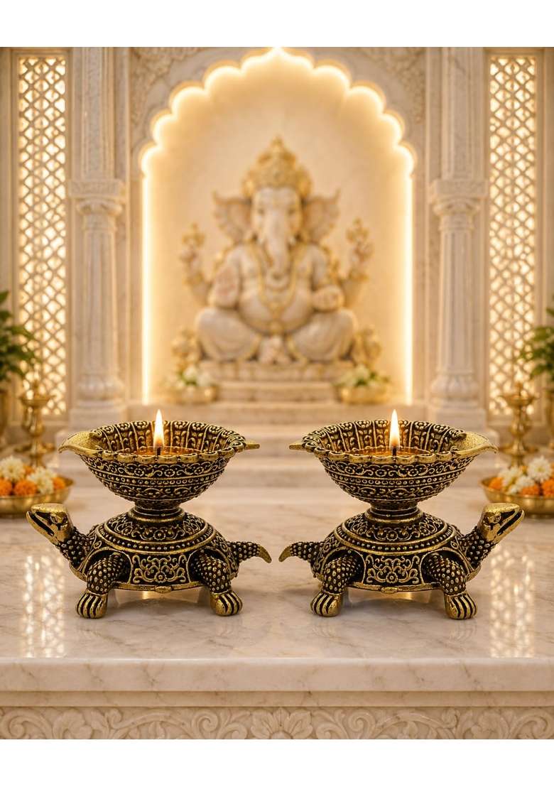Blessora Craft Bronze Brass Tortoise Diya Set for Puja Pair of Two Turtle Oil Lamps for Diwali Pooja Pack of 2 - Indya