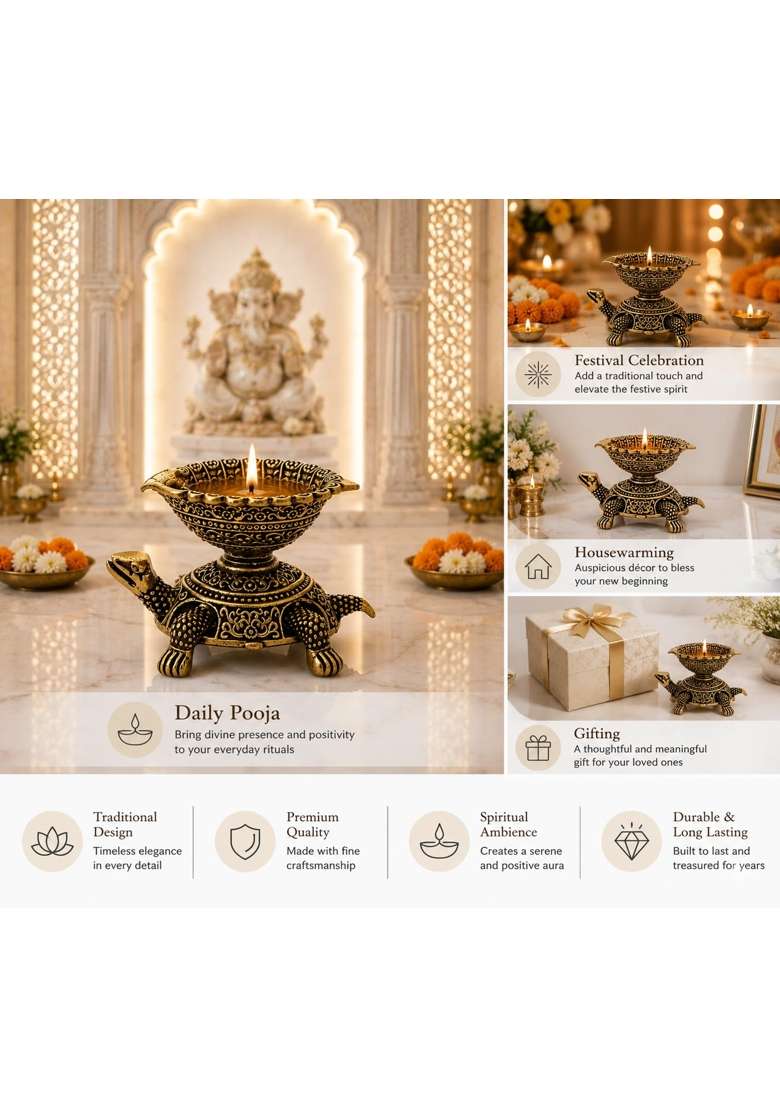 Blessora Craft Bronze Brass Tortoise Diya Set for Puja Pair of Two Turtle Oil Lamps for Diwali Pooja Pack of 2 - Indya