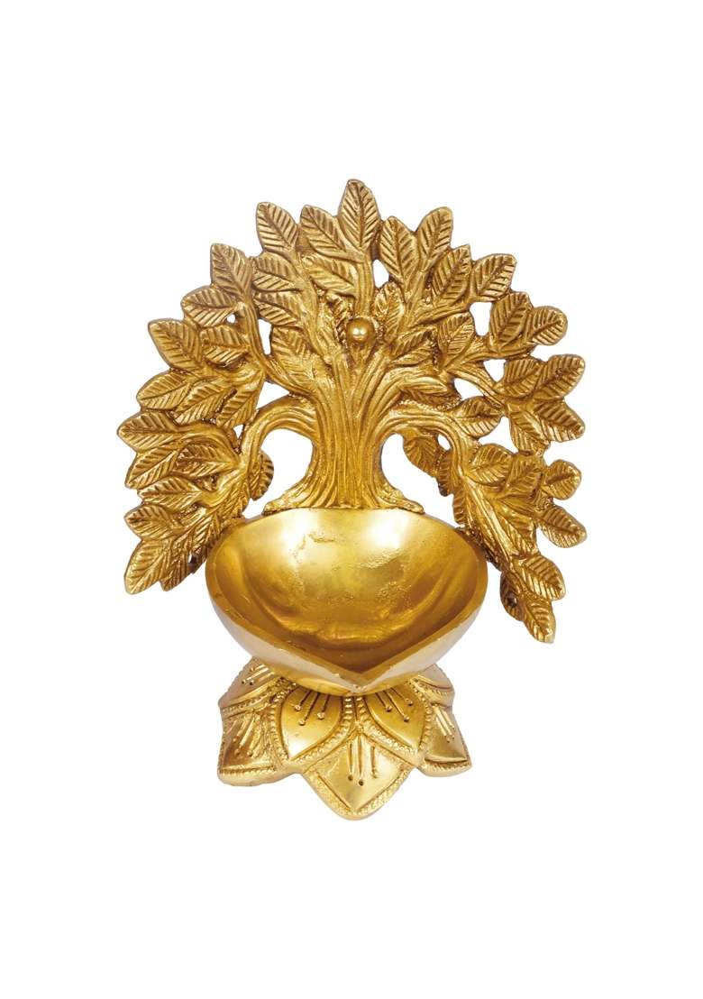 Artvarko Gold Brass Kalpavriksha Tree Diya on Lotus 5x4x6 Inches - Indya
