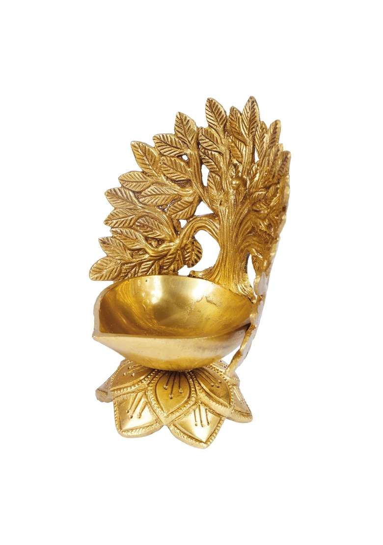 Artvarko Gold Brass Kalpavriksha Tree Diya on Lotus 5x4x6 Inches - Indya