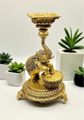 Gold SJL Exports Wax Casting Handcrafted Brass Elephant Diya Traditional Oil Lamp for Worship