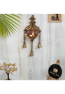 Jaszz Art Brass Wall Hanging Diya Oil Lamp 11IN Tall 700 G Home Decor