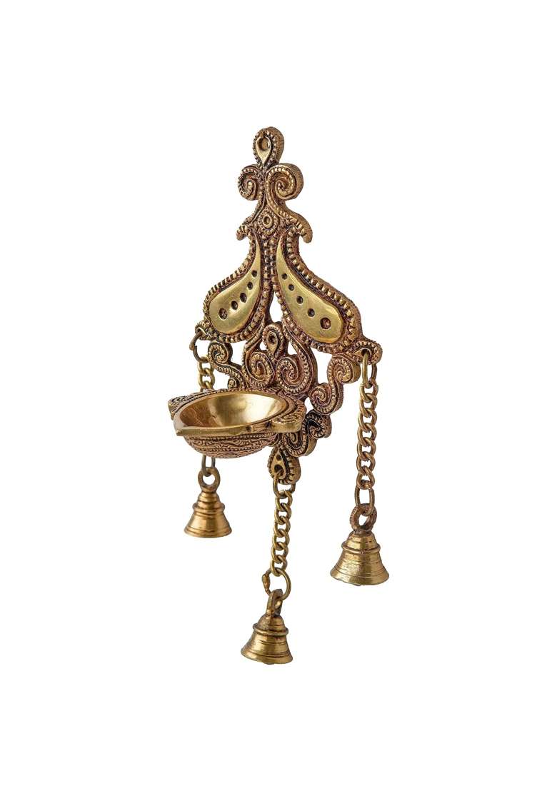 Jaszz Art Brass Wall Hanging Diya Oil Lamp 11IN Tall 700 G Home Decor - Indya
