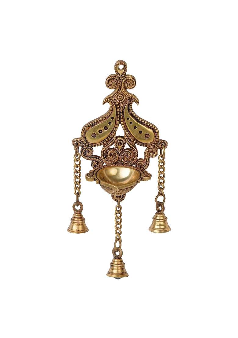 Jaszz Art Brass Wall Hanging Diya Oil Lamp 11IN Tall 700 G Home Decor - Indya