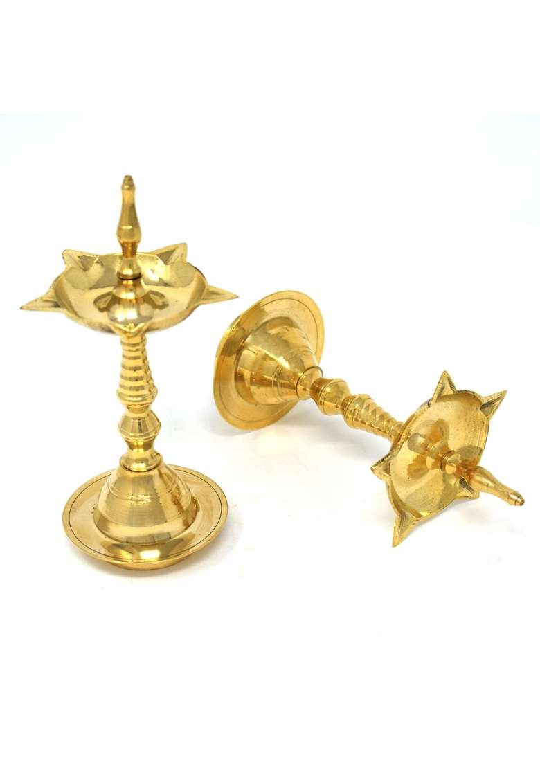 Hashcart Gold Brass Kerala Diya for Pooja Diwali Diya for Pooja Set of 2 - Indya