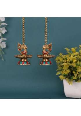 Artvarko Brass Hanging Peacock Diya Pair 2 Pcs with Chain Deepak Deepam Oil Lamp 16 Inches Multicolor