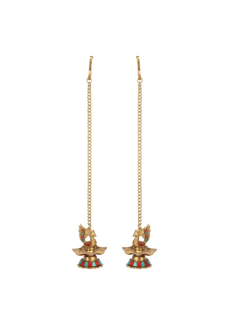 Artvarko Brass Hanging Peacock Diya Pair 2 Pcs with Chain Deepak Deepam Oil Lamp 16 Inches Multicolor - Indya