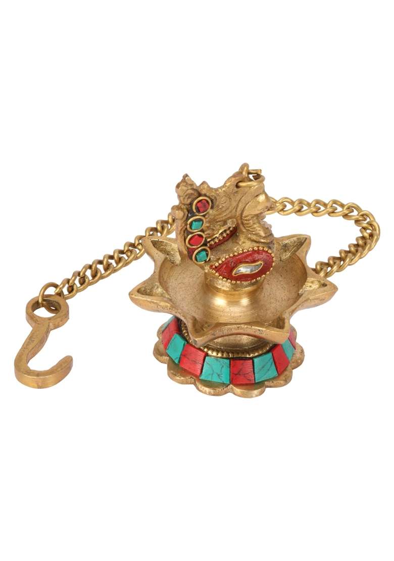 Artvarko Brass Hanging Peacock Diya Pair 2 Pcs with Chain Deepak Deepam Oil Lamp 16 Inches Multicolor - Indya