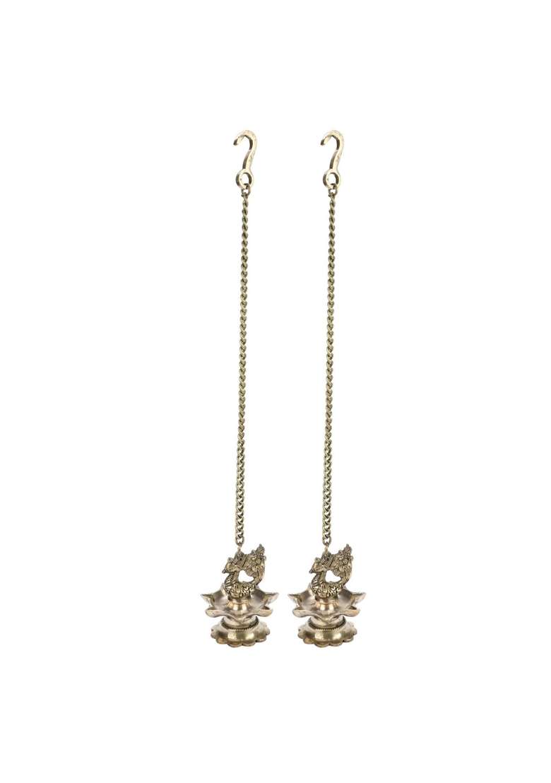 Artvarko Gold Brass Hanging Peacock Diya Pair with Chain Deepak Deepam Hanger Large Oil Lamp 16 Inches - Indya