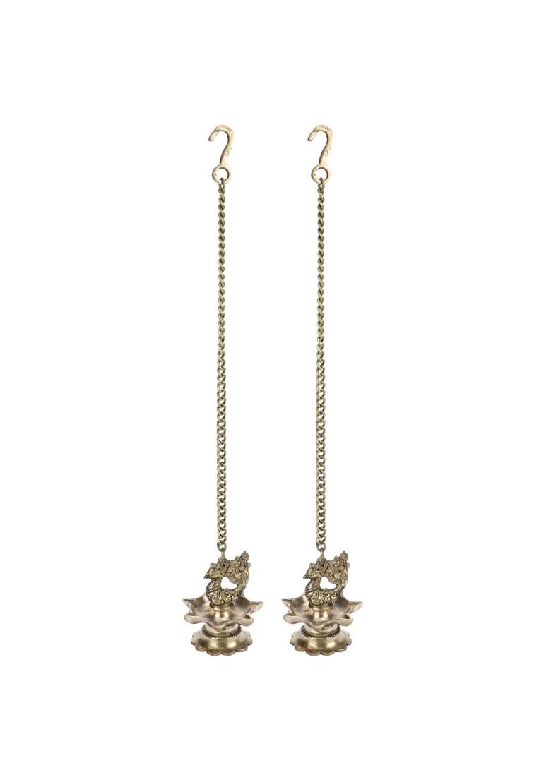Artvarko Gold Brass Hanging Peacock Diya Pair with Chain Deepak Deepam Hanger Large Oil Lamp 16 Inches - Indya
