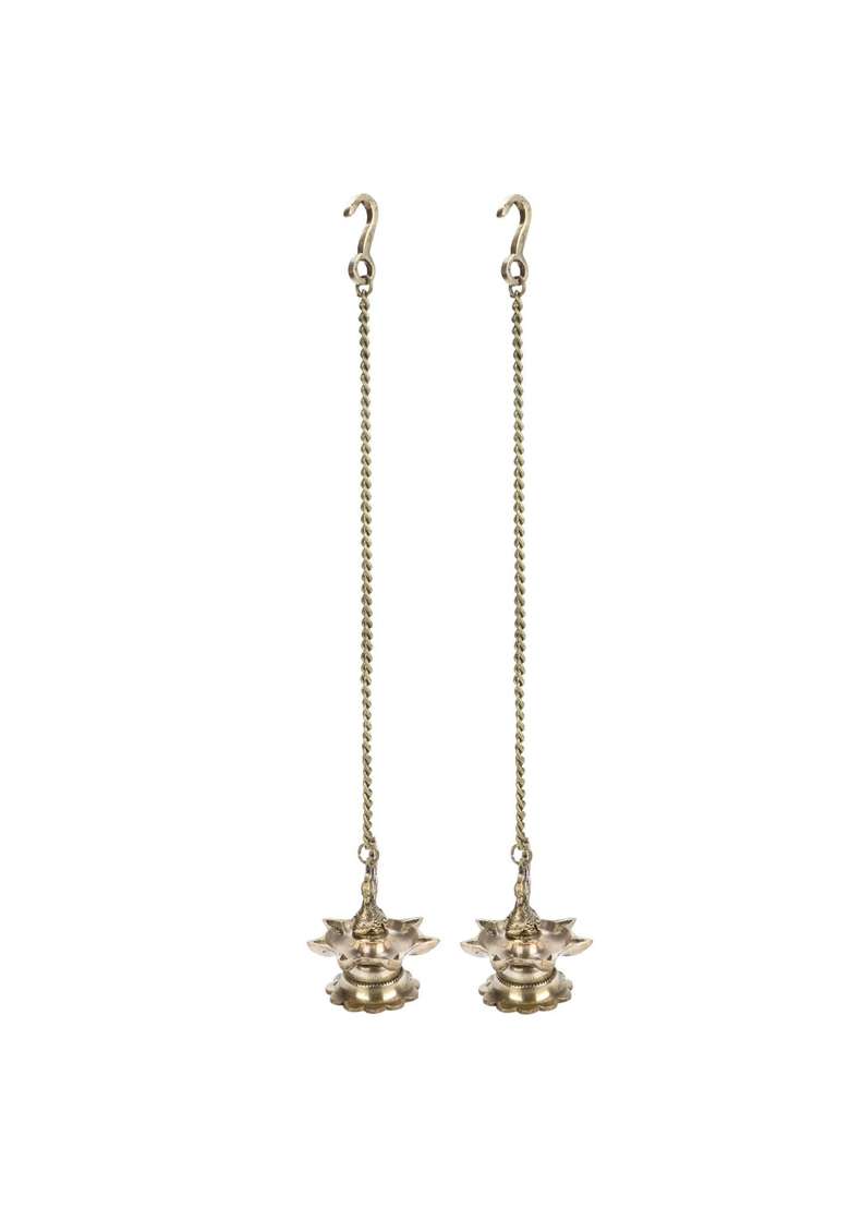 Artvarko Gold Brass Hanging Peacock Diya Pair with Chain Deepak Deepam Hanger Large Oil Lamp 16 Inches - Indya
