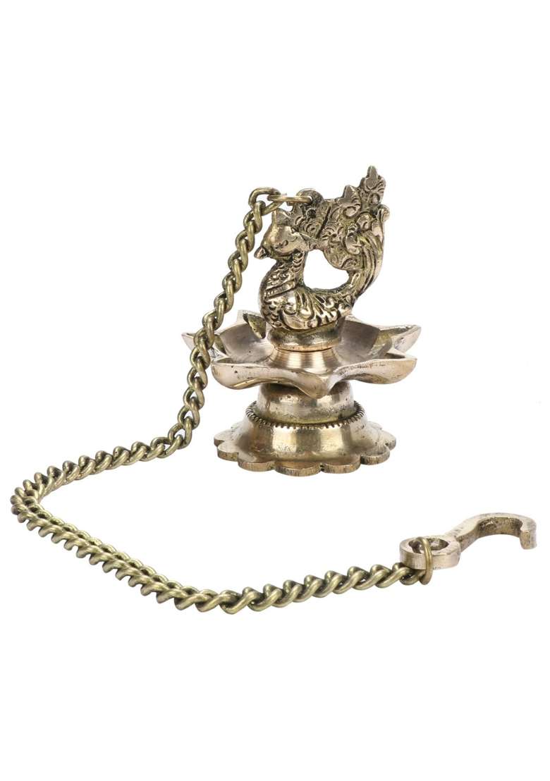 Artvarko Gold Brass Hanging Peacock Diya Pair with Chain Deepak Deepam Hanger Large Oil Lamp 16 Inches - Indya