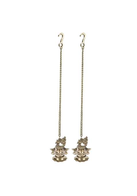 Artvarko Gold Brass Hanging Peacock Diya Pair with Chain Deepak Deepam Hanger Large Oil Lamp 16 Inches