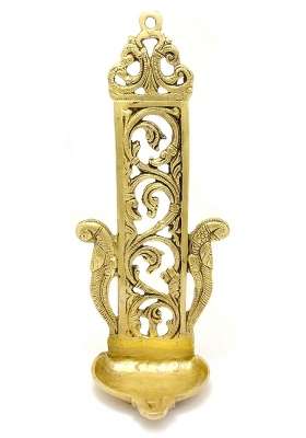 Two Moustaches Ethnic Indian Design Peacock Table Wall Hanging Brass Diya for Home Decor 11 Inch Golden