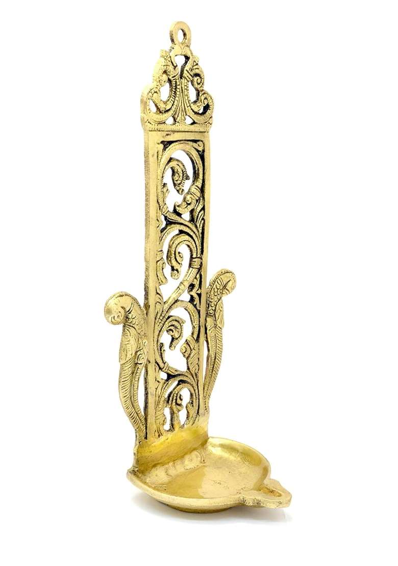 Two Moustaches Ethnic Indian Design Peacock Table Wall Hanging Brass Diya for Home Decor 11 Inch Golden - Indya
