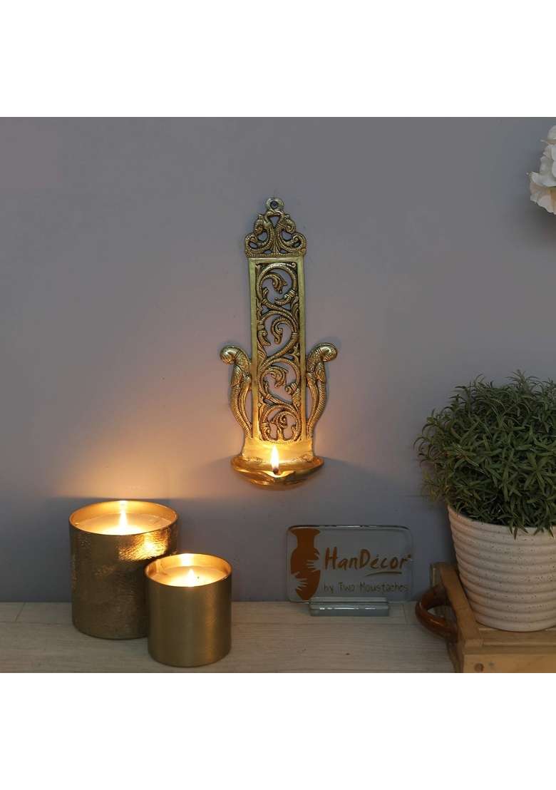 Two Moustaches Ethnic Indian Design Peacock Table Wall Hanging Brass Diya for Home Decor 11 Inch Golden - Indya