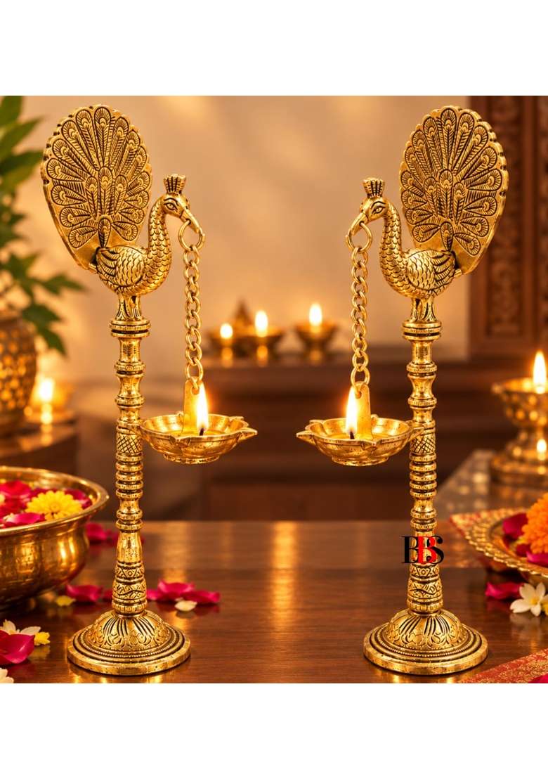 Golden Diya Brass Peacock Hanging Set 2 Deepak Peacock Hanging Brass Diya Oil Lamp Gift Item Pack of 2 - Indya