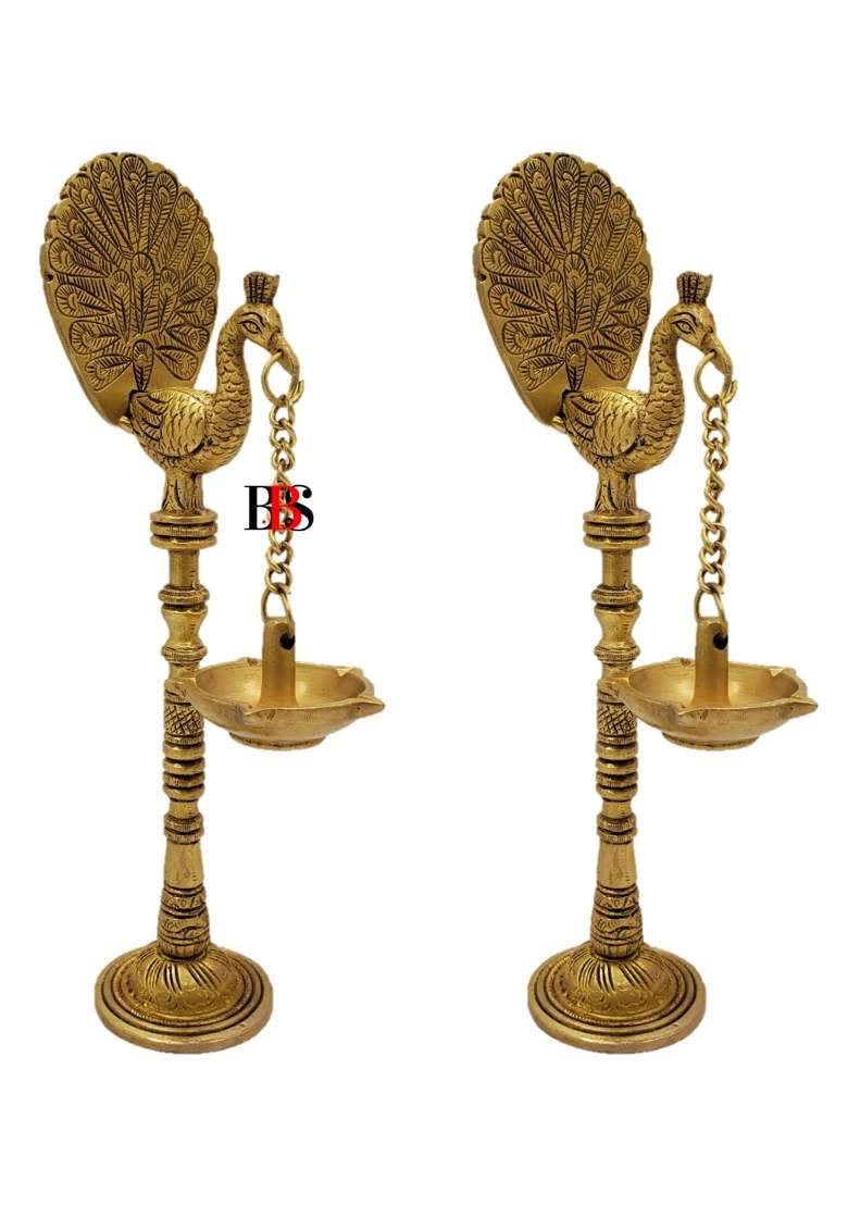 Golden Diya Brass Peacock Hanging Set 2 Deepak Peacock Hanging Brass Diya Oil Lamp Gift Item Pack of 2 - Indya