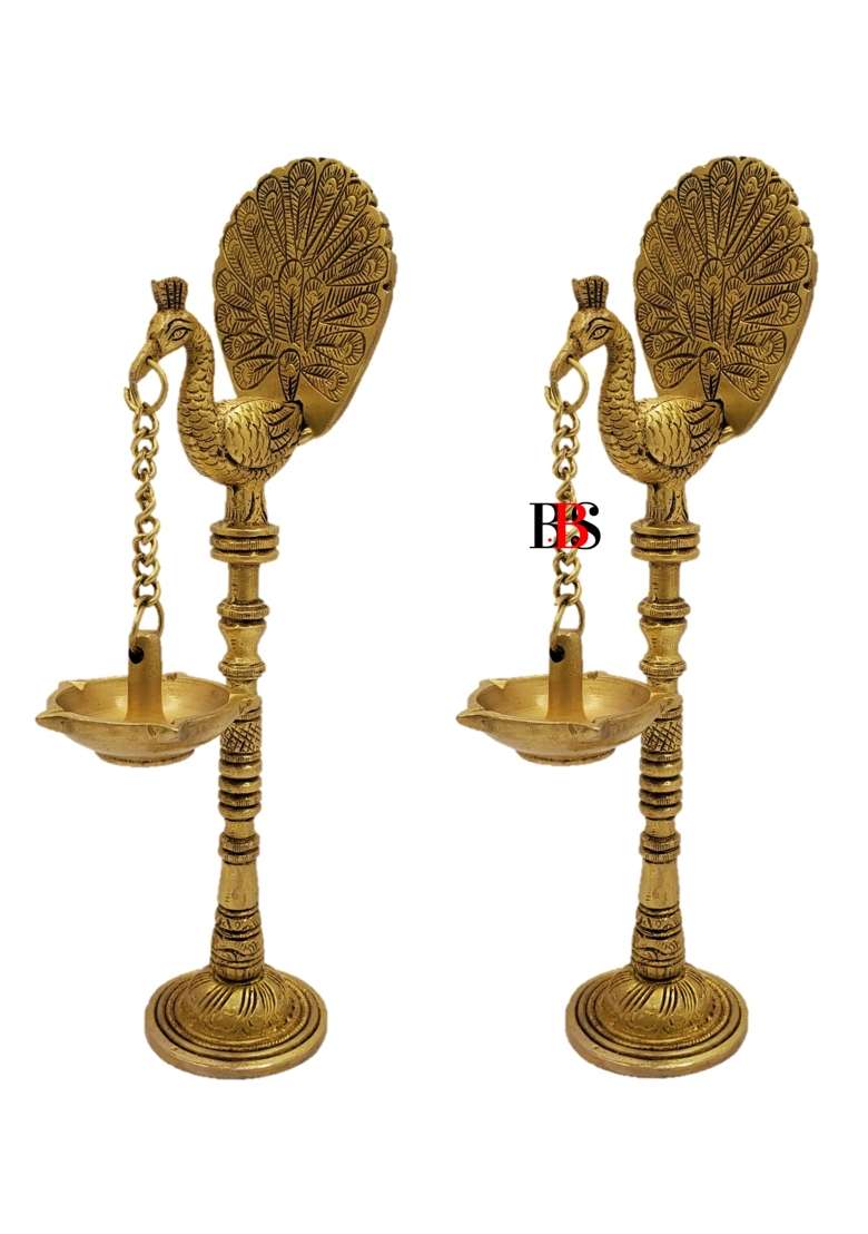 Golden Diya Brass Peacock Hanging Set 2 Deepak Peacock Hanging Brass Diya Oil Lamp Gift Item Pack of 2 - Indya