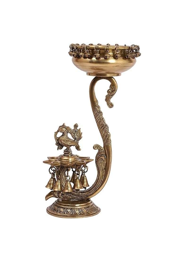 Mlas Decor Golden Brass Stand with 9 Oil Wick Peacock Diya and 6 Inches Brass Urli with Bells Pack of 1 - Indya