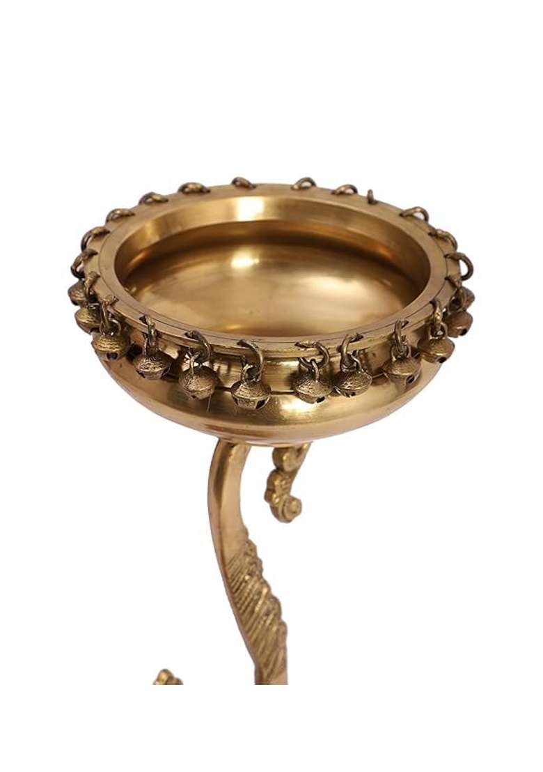 Mlas Decor Golden Brass Stand with 9 Oil Wick Peacock Diya and 6 Inches Brass Urli with Bells Pack of 1 - Indya