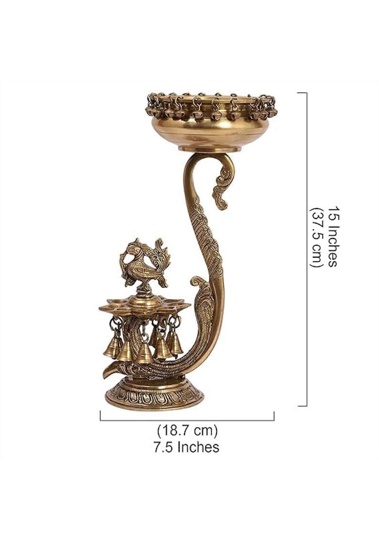 Mlas Decor Golden Brass Stand with 9 Oil Wick Peacock Diya and 6 Inches Brass Urli with Bells Pack of 1 - Indya
