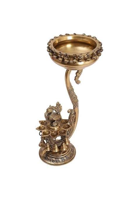 Mlas Decor Golden Brass Stand with 9 Oil Wick Peacock Diya and 6 Inches Brass Urli with Bells Pack of 1