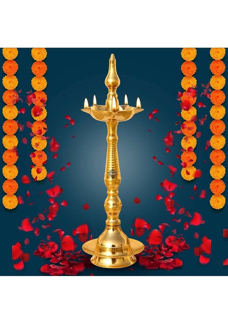 Indian Art Villa Golden Pure Brass Stand Pillar Diya Deepak Lamp Lantern with Dome Design Pooja - Indya