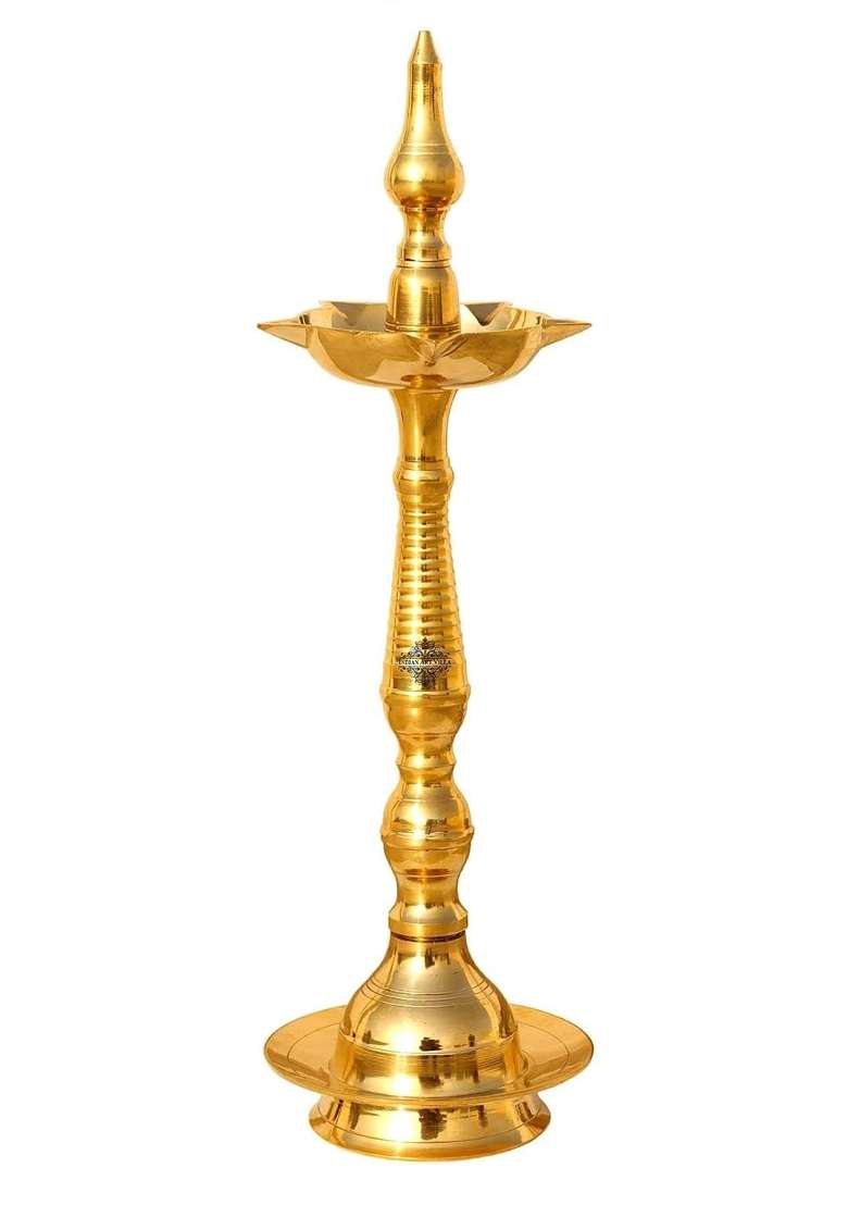 Indian Art Villa Golden Pure Brass Stand Pillar Diya Deepak Lamp Lantern with Dome Design Pooja - Indya
